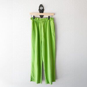 Silk House Size M 100% Silk Green Wide Leg Pants | High Waist Elastic | Vibrant